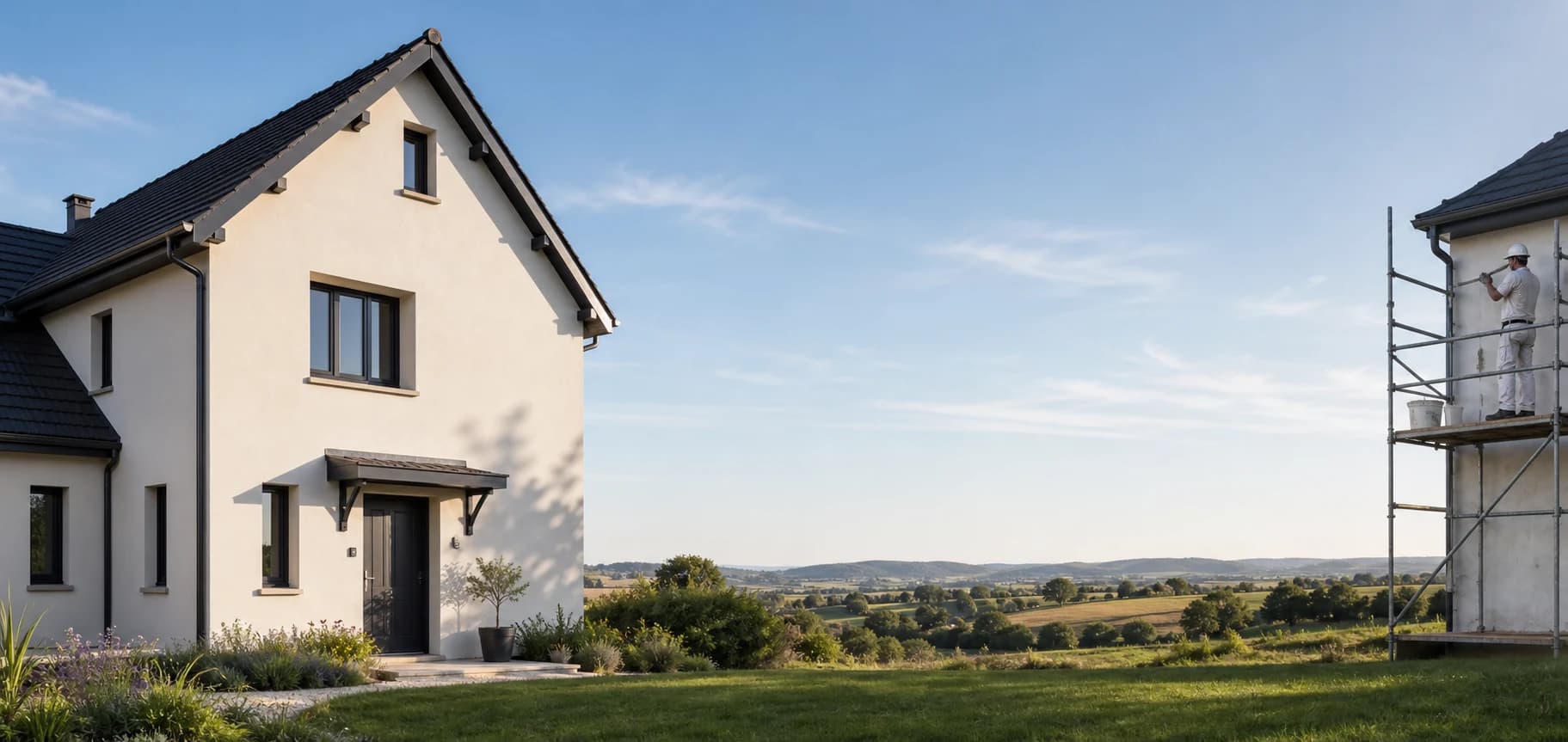 Illustration d'une façade rénovée et d'un chantier de ravalement en Saône-et-Loire